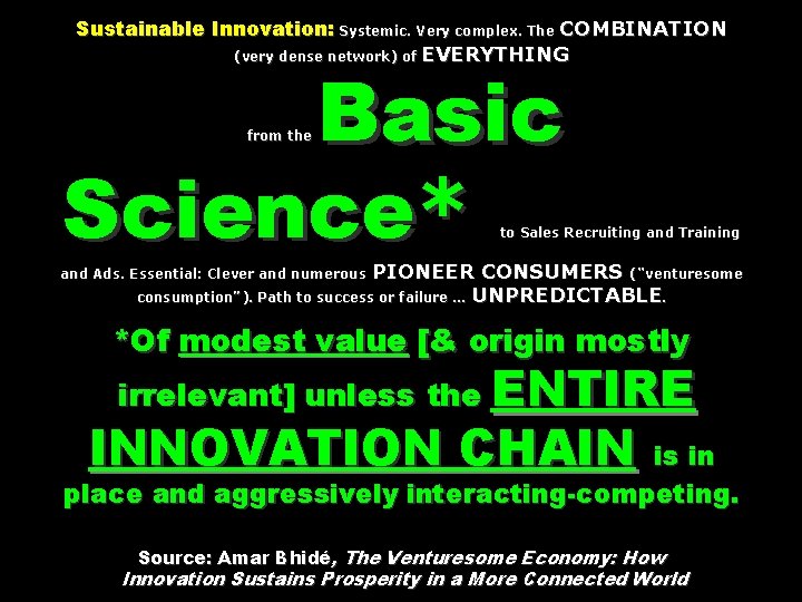 Sustainable Innovation: Systemic. Very complex. The COMBINATION (very dense network) of EVERYTHING Basic Science*