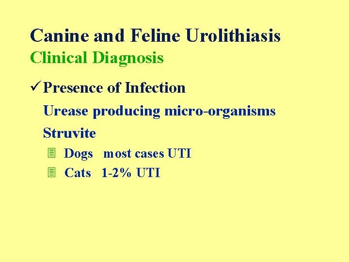 Canine and Feline Urolithiasis Clinical Diagnosis üPresence of Infection Urease producing micro-organisms Struvite 3