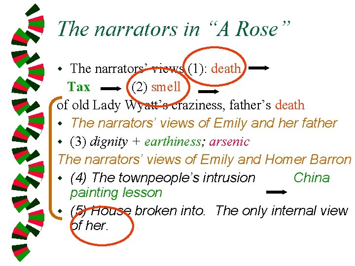 The narrators in “A Rose” The narrators’ views (1): death Tax (2) smell of