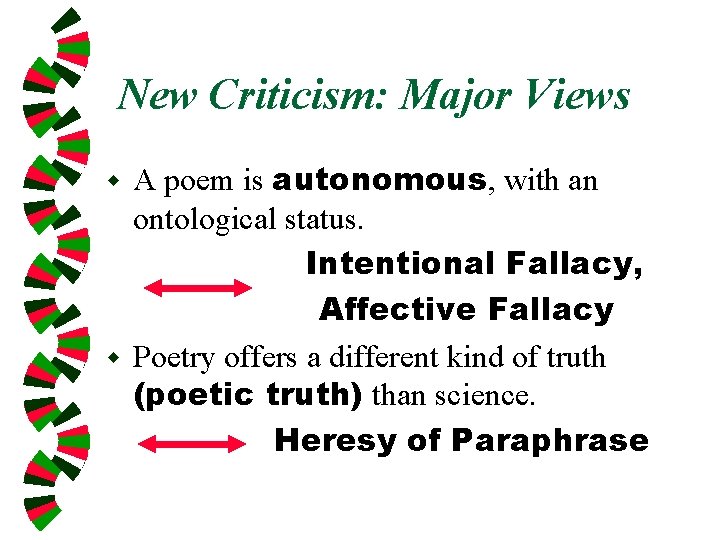 New Criticism: Major Views A poem is autonomous, with an ontological status. Intentional Fallacy,