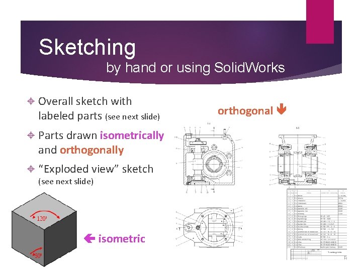 Sketching by hand or using Solid. Works Overall sketch with labeled parts (see next