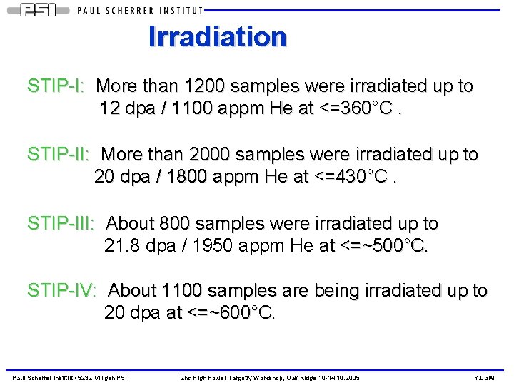 Irradiation STIP-I: More than 1200 samples were irradiated up to 12 dpa / 1100