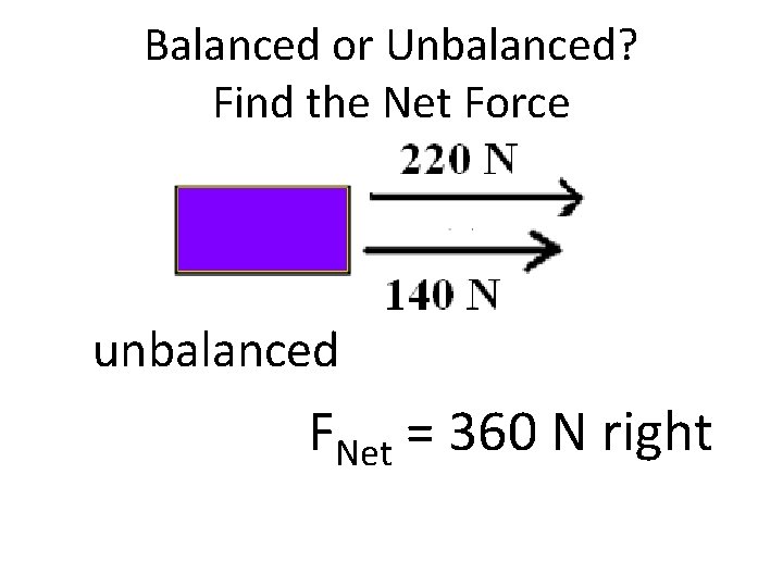 Balanced or Unbalanced? Find the Net Force unbalanced FNet = 360 N right 