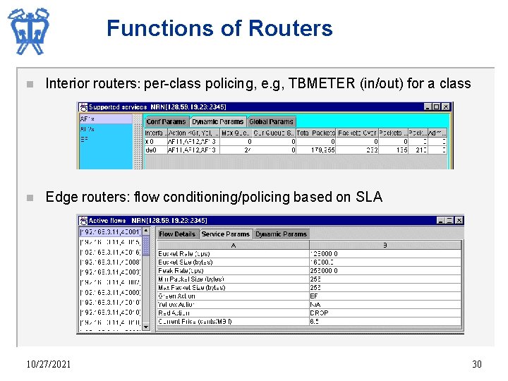 Functions of Routers n Interior routers: per-class policing, e. g, TBMETER (in/out) for a