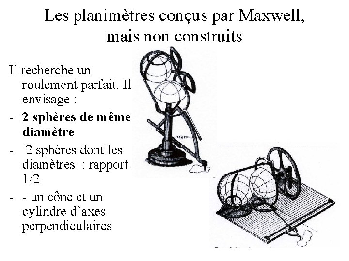 Les planimètres conçus par Maxwell, mais non construits Il recherche un roulement parfait. Il