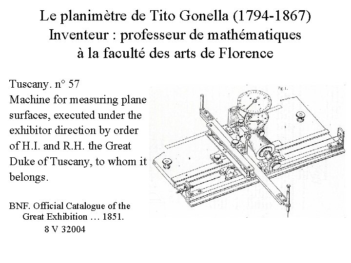 Le planimètre de Tito Gonella (1794 -1867) Inventeur : professeur de mathématiques à la