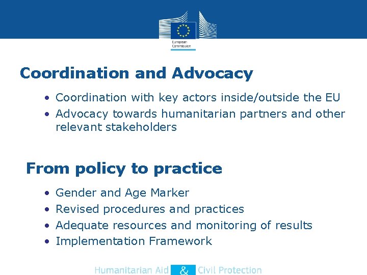 Coordination and Advocacy • Coordination with key actors inside/outside the EU • Advocacy towards