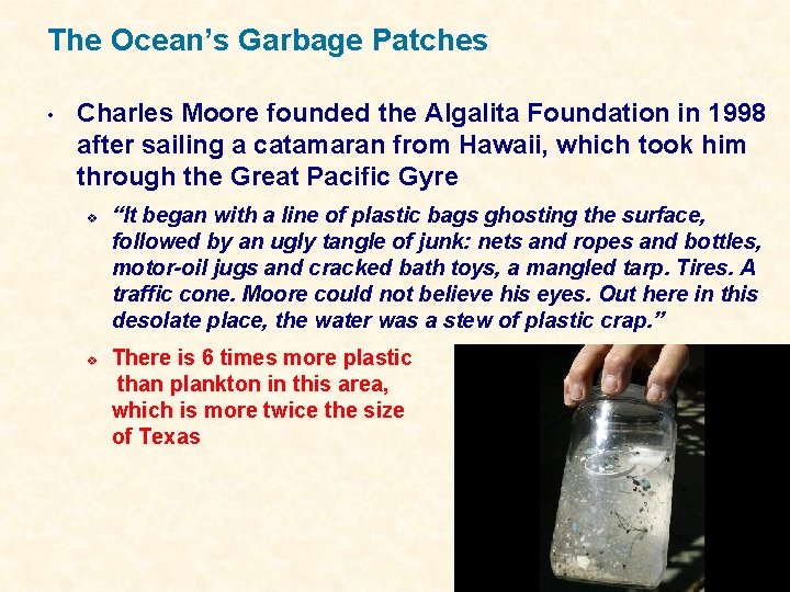 The Ocean’s Garbage Patches • Charles Moore founded the Algalita Foundation in 1998 after