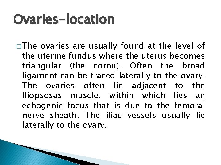 Ovaries-location � The ovaries are usually found at the level of the uterine fundus