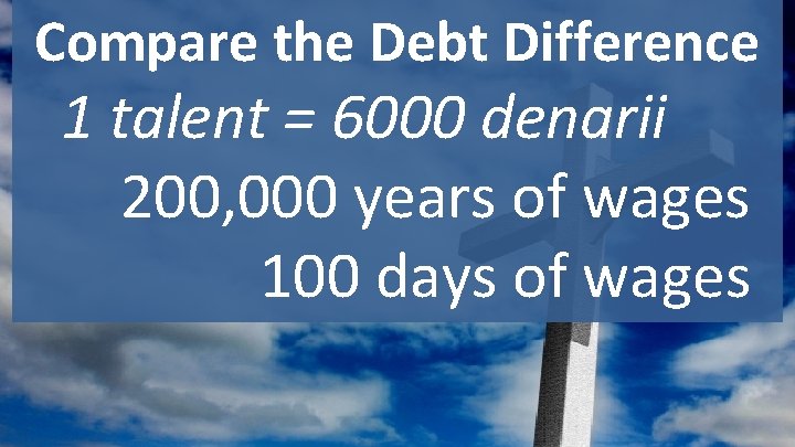 Compare the Debt Difference 1 talent = 6000 denarii 200, 000 years of wages