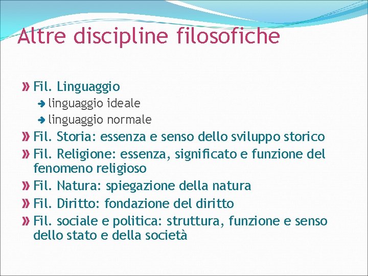 Altre discipline filosofiche Fil. Linguaggio linguaggio ideale linguaggio normale Fil. Storia: essenza e senso