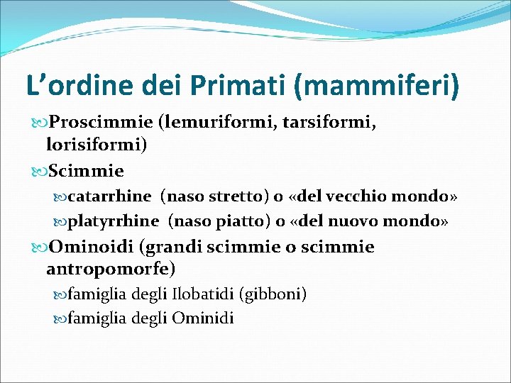 L’ordine dei Primati (mammiferi) Proscimmie (lemuriformi, tarsiformi, lorisiformi) Scimmie catarrhine (naso stretto) o «del