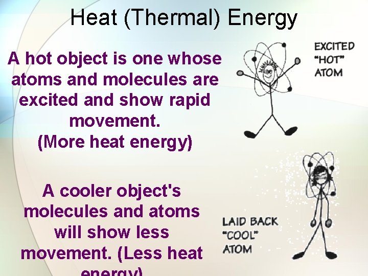 Heat (Thermal) Energy A hot object is one whose atoms and molecules are excited