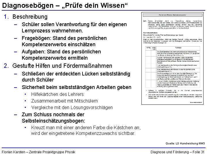 Diagnosebögen – „Prüfe dein Wissen“ 1. Beschreibung – Schüler sollen Verantwortung für den eigenen