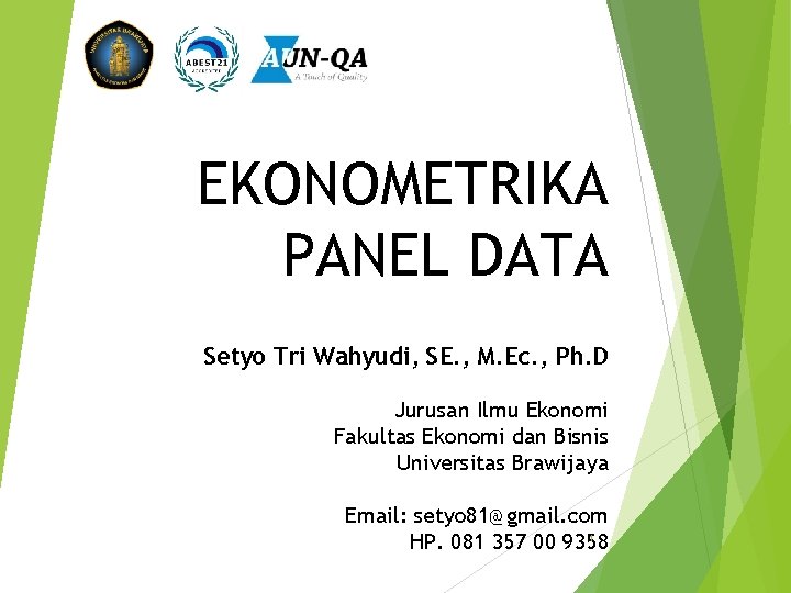 EKONOMETRIKA PANEL DATA Setyo Tri Wahyudi, SE. , M. Ec. , Ph. D Jurusan
