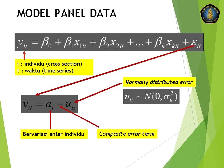 MODEL PANEL DATA i : individu (cross section) t : waktu (time series) Normally