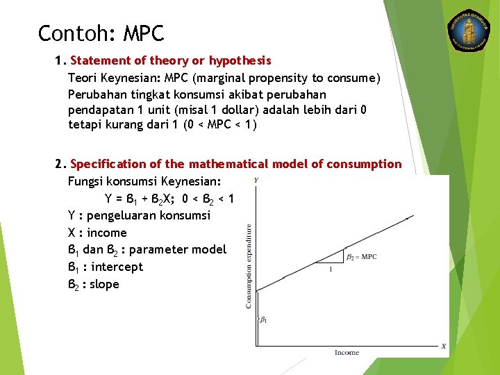 Contoh: MPC 1. Statement of theory or hypothesis Teori Keynesian: MPC (marginal propensity to