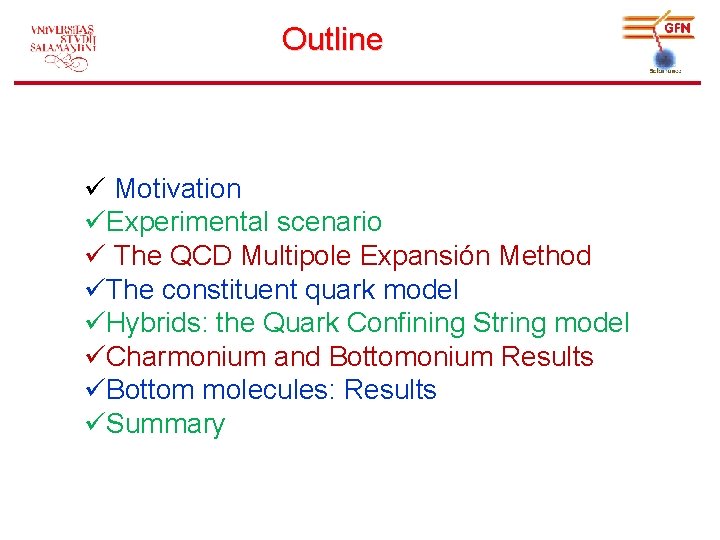 Outline ü Motivation üExperimental scenario ü The QCD Multipole Expansión Method üThe constituent quark