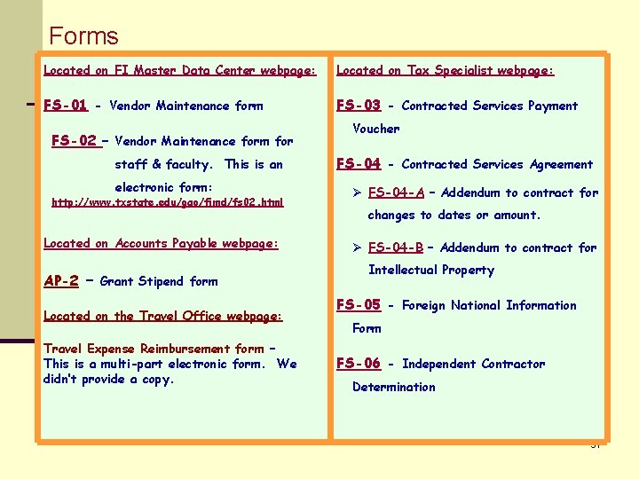 Forms Located on FI Master Data Center webpage: Located on Tax Specialist webpage: FS-01