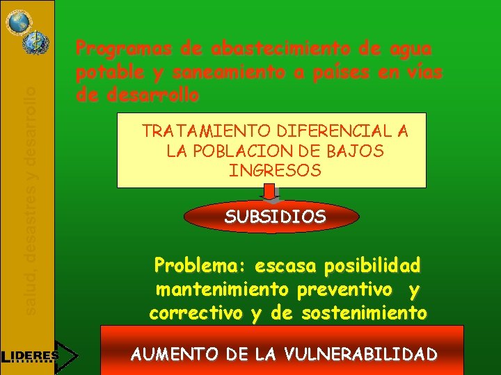 salud, desastres y desarrollo Programas de abastecimiento de agua potable y saneamiento a países