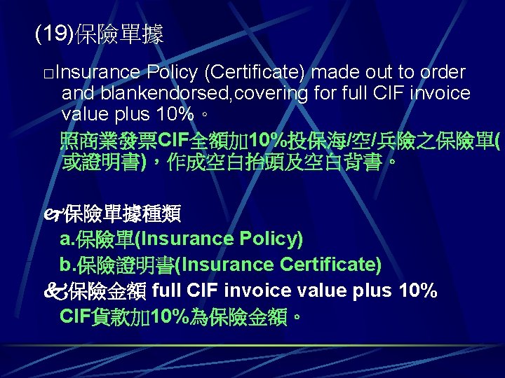 (19)保險單據 □Insurance Policy (Certificate) made out to order and blankendorsed, covering for full CIF