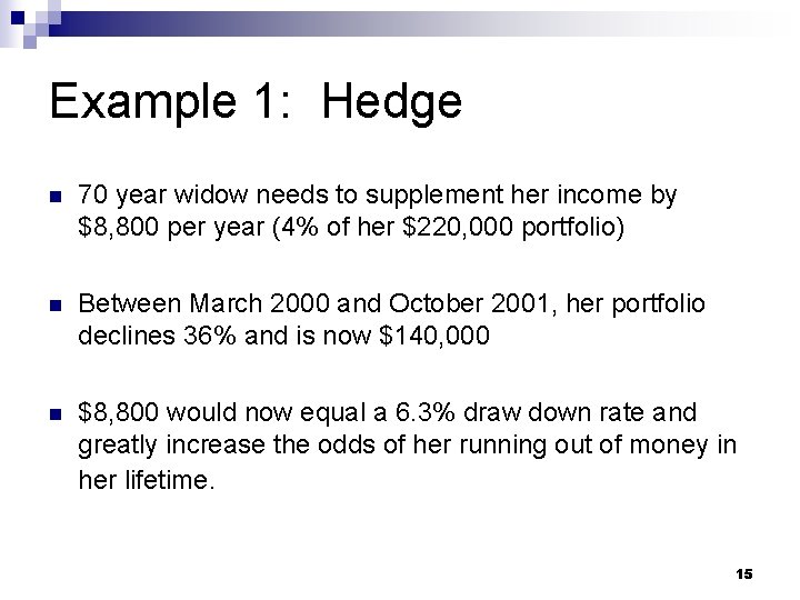 Example 1: Hedge n 70 year widow needs to supplement her income by $8,