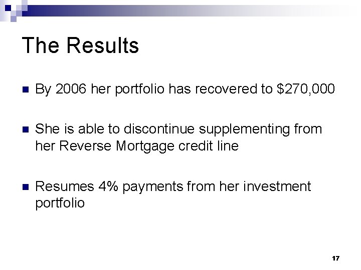The Results n By 2006 her portfolio has recovered to $270, 000 n She