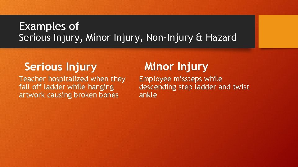 Examples of Serious Injury, Minor Injury, Non-Injury & Hazard Serious Injury Teacher hospitalized when