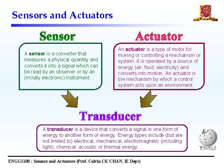 Sensors and Actuators Sensor Actuator A sensor is a converter that measures a physical