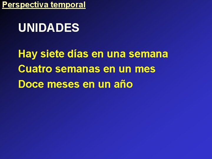 Perspectiva temporal UNIDADES Hay siete días en una semana Cuatro semanas en un mes