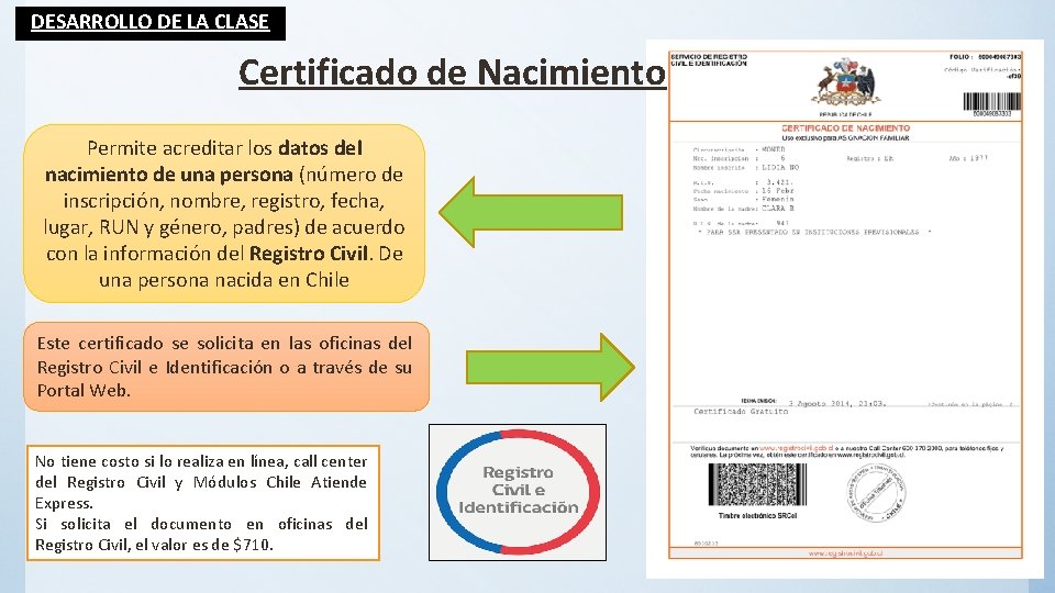 DESARROLLO DE LA CLASE Certificado de Nacimiento Permite acreditar los datos del nacimiento de