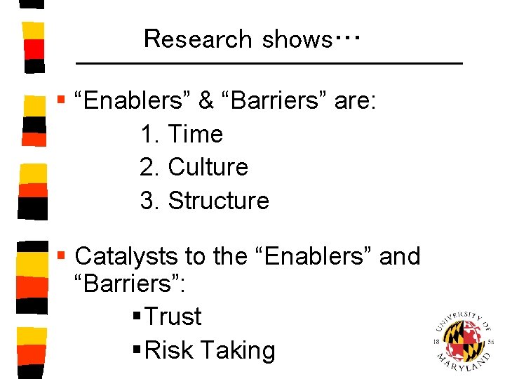 Research shows… § “Enablers” & “Barriers” are: 1. Time 2. Culture 3. Structure §