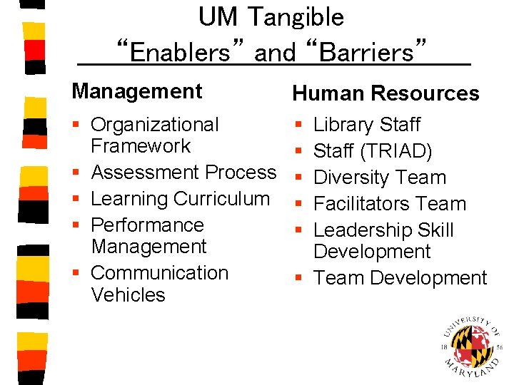 UM Tangible “Enablers” and “Barriers” Management Human Resources § Organizational Framework § Assessment Process