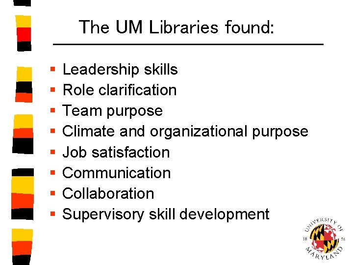 The UM Libraries found: § § § § Leadership skills Role clarification Team purpose