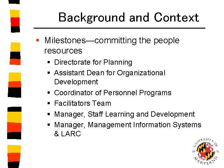 Background and Context § Milestones—committing the people resources § Directorate for Planning § Assistant