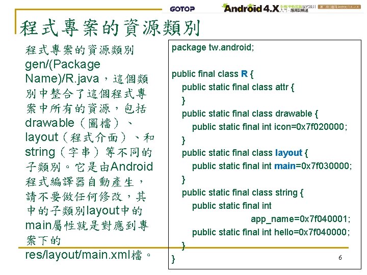 程式專案的資源類別 gen/(Package Name)/R. java，這個類 別中整合了這個程式專 案中所有的資源，包括 drawable（圖檔）、 layout（程式介面）、和 string（字串）等不同的 子類別。它是由Android 程式編譯器自動產生， 請不要做任何修改，其 中的子類別layout中的 main屬性就是對應到專