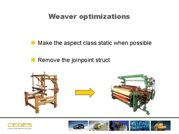 Weaver optimizations n Make the aspect class static when possible n Remove the joinpoint