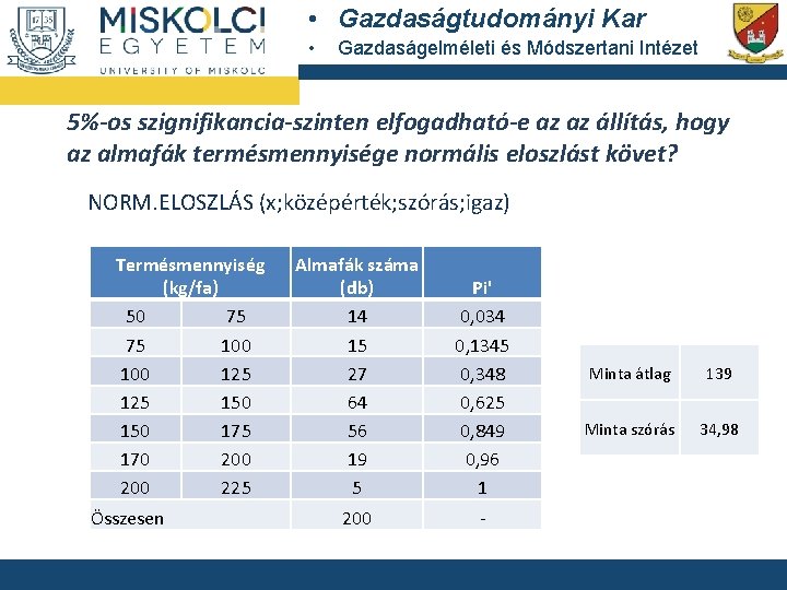  • Gazdaságtudományi Kar • Gazdaságelméleti és Módszertani Intézet 5%-os szignifikancia-szinten elfogadható-e az az