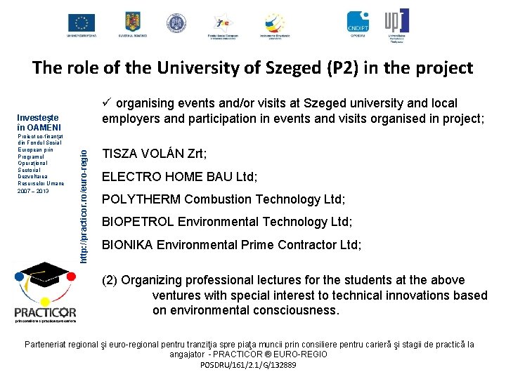 The role of the University of Szeged (P 2) in the project ü organising