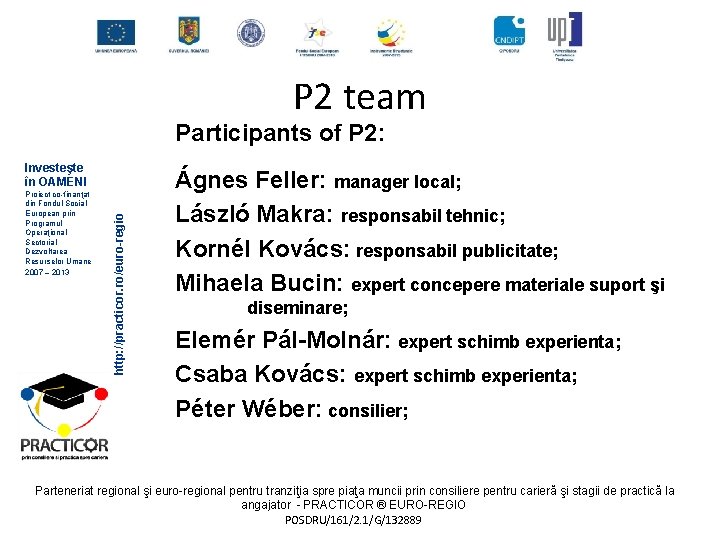 P 2 team Participants of P 2: Proiect co-finanţat din Fondul Social European prin
