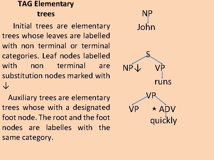 TAG Elementary trees Initial trees are elementary trees whose leaves are labelled with non TAG Elementary trees Initial trees are elementary trees whose leaves are labelled with non