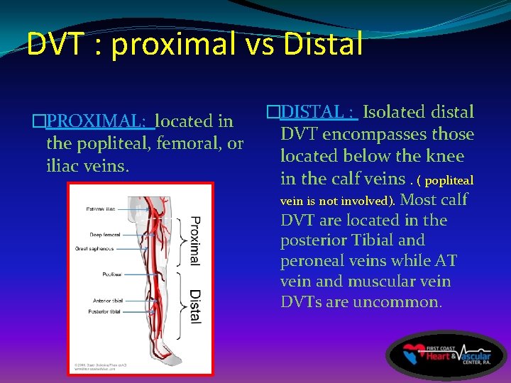 DVT : proximal vs Distal �PROXIMAL: located in the popliteal, femoral, or iliac veins.