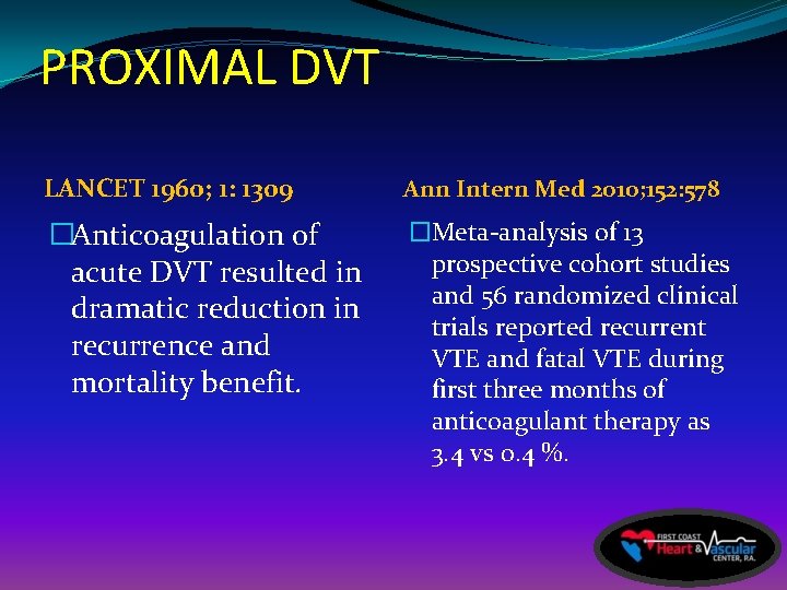 PROXIMAL DVT LANCET 1960; 1: 1309 Ann Intern Med 2010; 152: 578 �Anticoagulation of