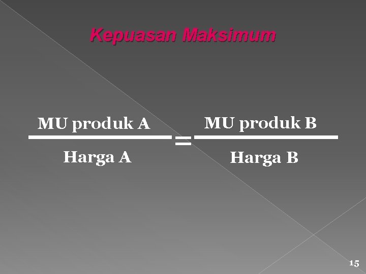 Kepuasan Maksimum MU produk A Harga A = MU produk B Harga B 15