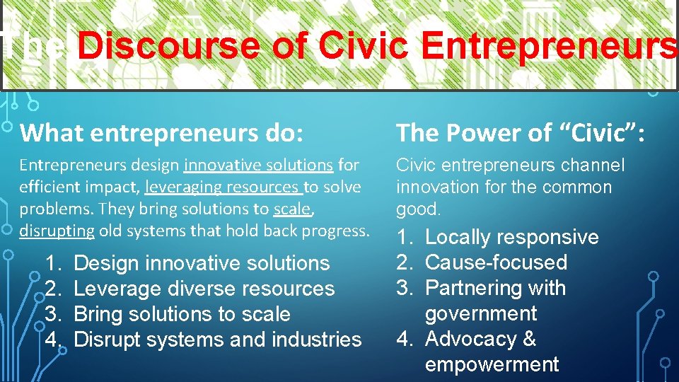 The Discourse of Civic Entrepreneurs What entrepreneurs do: The Power of “Civic”: Entrepreneurs design