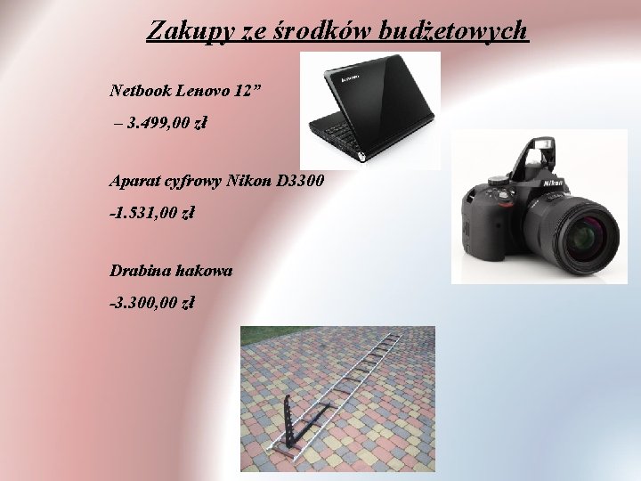 Zakupy ze środków budżetowych Netbook Lenovo 12” – 3. 499, 00 zł Aparat cyfrowy