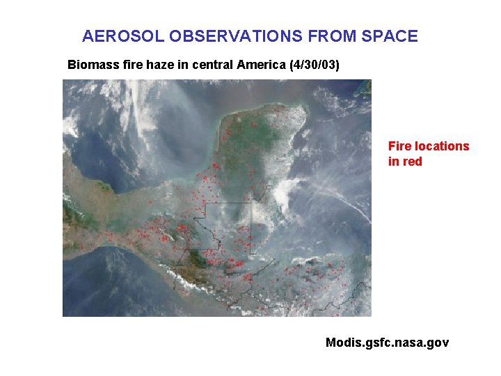 AEROSOL OBSERVATIONS FROM SPACE Biomass fire haze in central America (4/30/03) Fire locations in