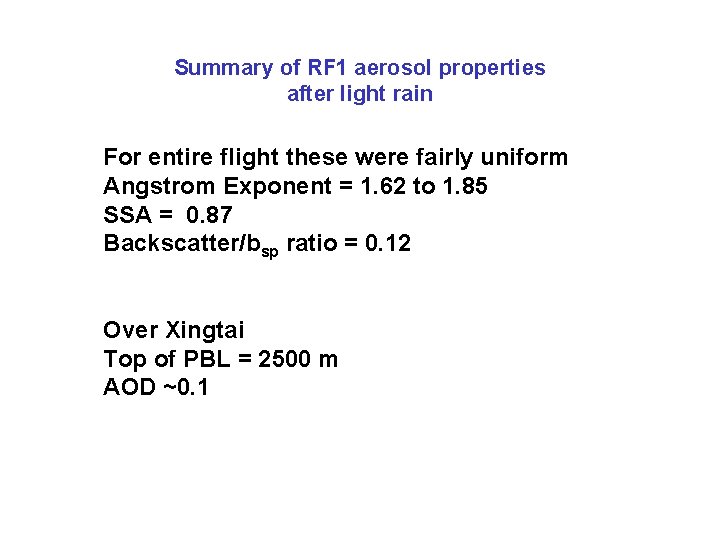 Summary of RF 1 aerosol properties after light rain For entire flight these were