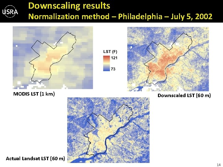 Downscaling results Normalization method – Philadelphia – July 5, 2002 MODIS LST (1 km)