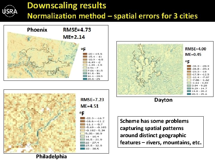 Downscaling results Normalization method – spatial errors for 3 cities Phoenix Dayton Scheme has